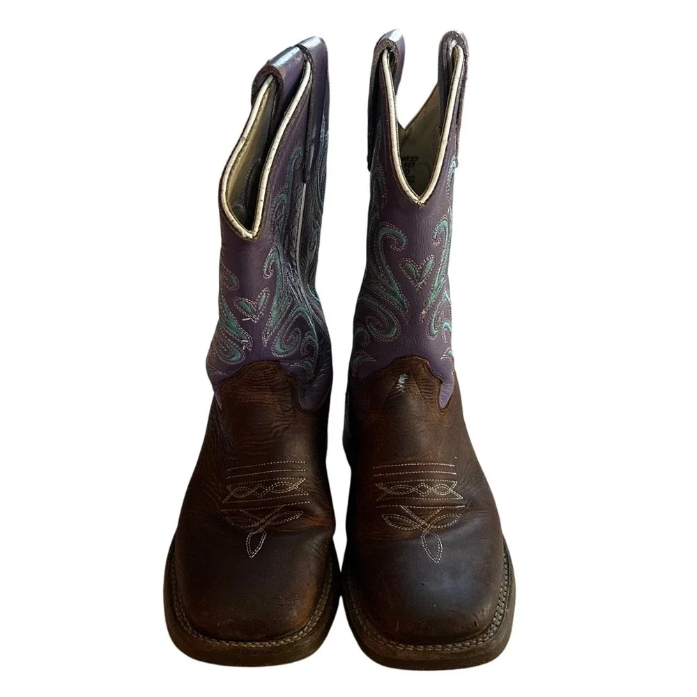 Old West Purple Brown Leather Embroidered Cowboy Boots Kid's 1.0 D